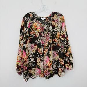 J Jill Black And Link Floral Flowy Long Sleeve Blouse Women’s Size L